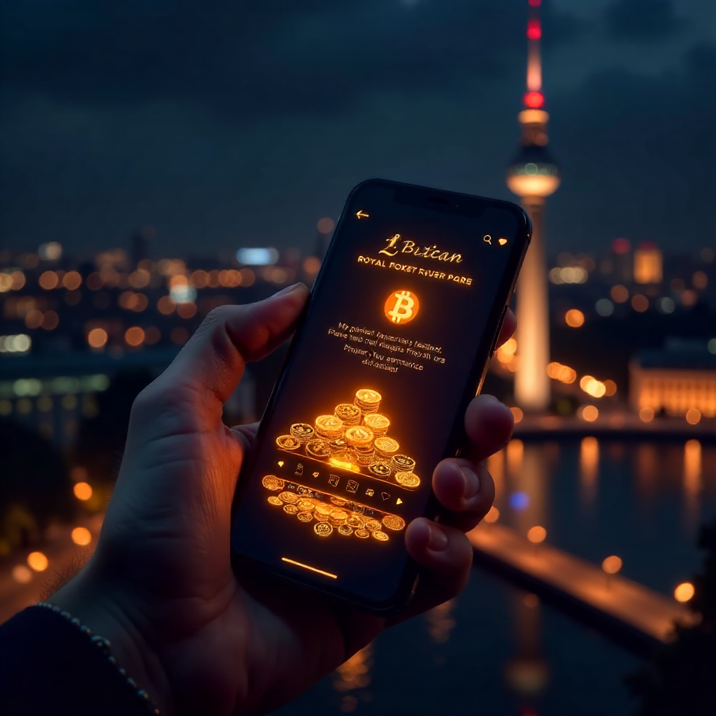 A hand holding a luxury smartphone displaying a high-tech Bitcoin poker app interface with glowing orange and gold accents, background is the Berlin skyline with the TV Tower (Fernsehturm) at night, 3D golden Bitcoin coins and a Royal Flush of playing car